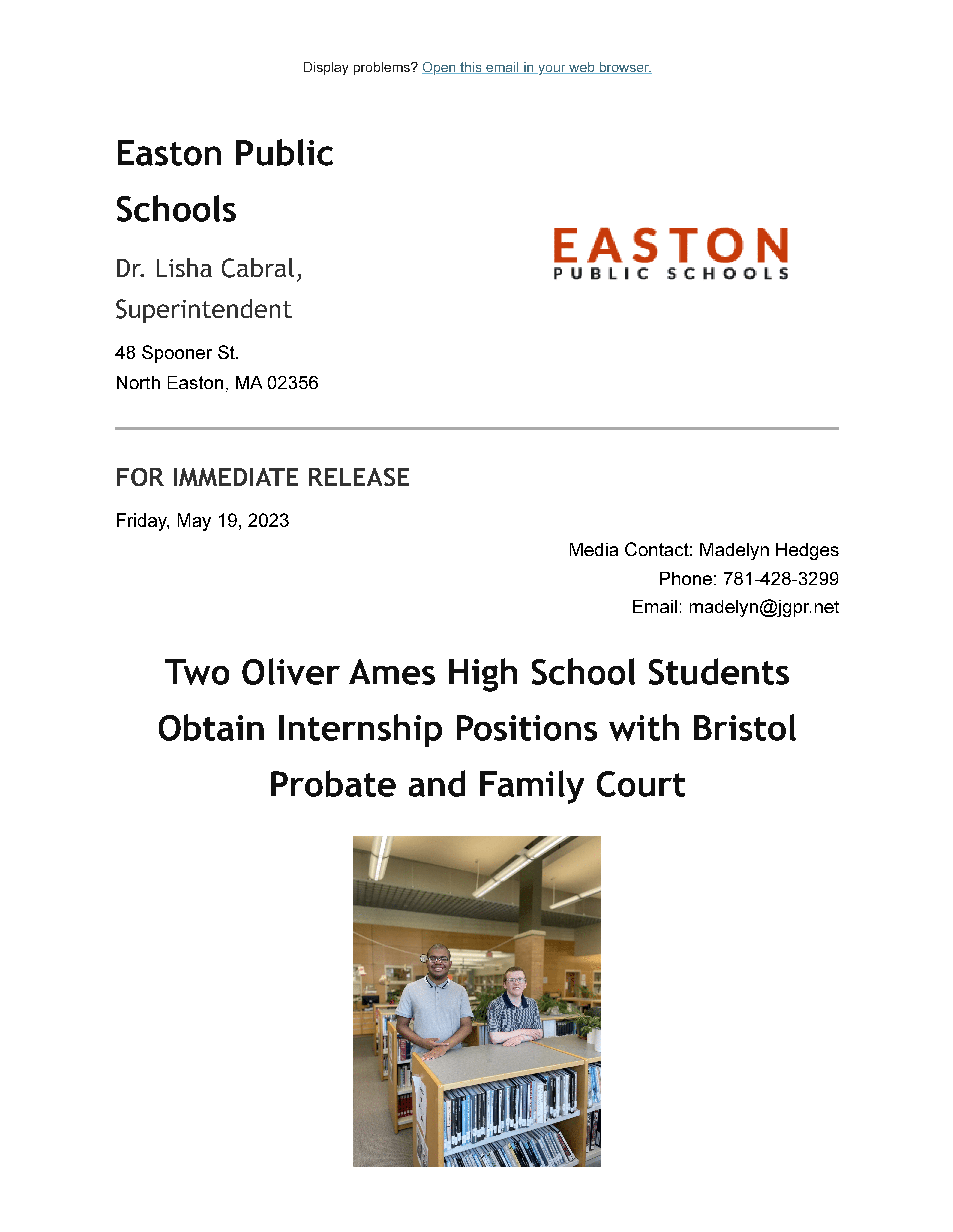 Oliver Ames High School Transition Program students Lukas Soares and Mike Orsinger have obtained internship positions with the Bristol Probate and Family Court through the Autism Higher Education Foundations Paralegal Assistant Training Program. (PhotoCourtesy Easton Public Schools)